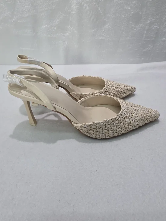 Woven Pointed Toe Slingback Heels - Cream - Picture 3 of 7